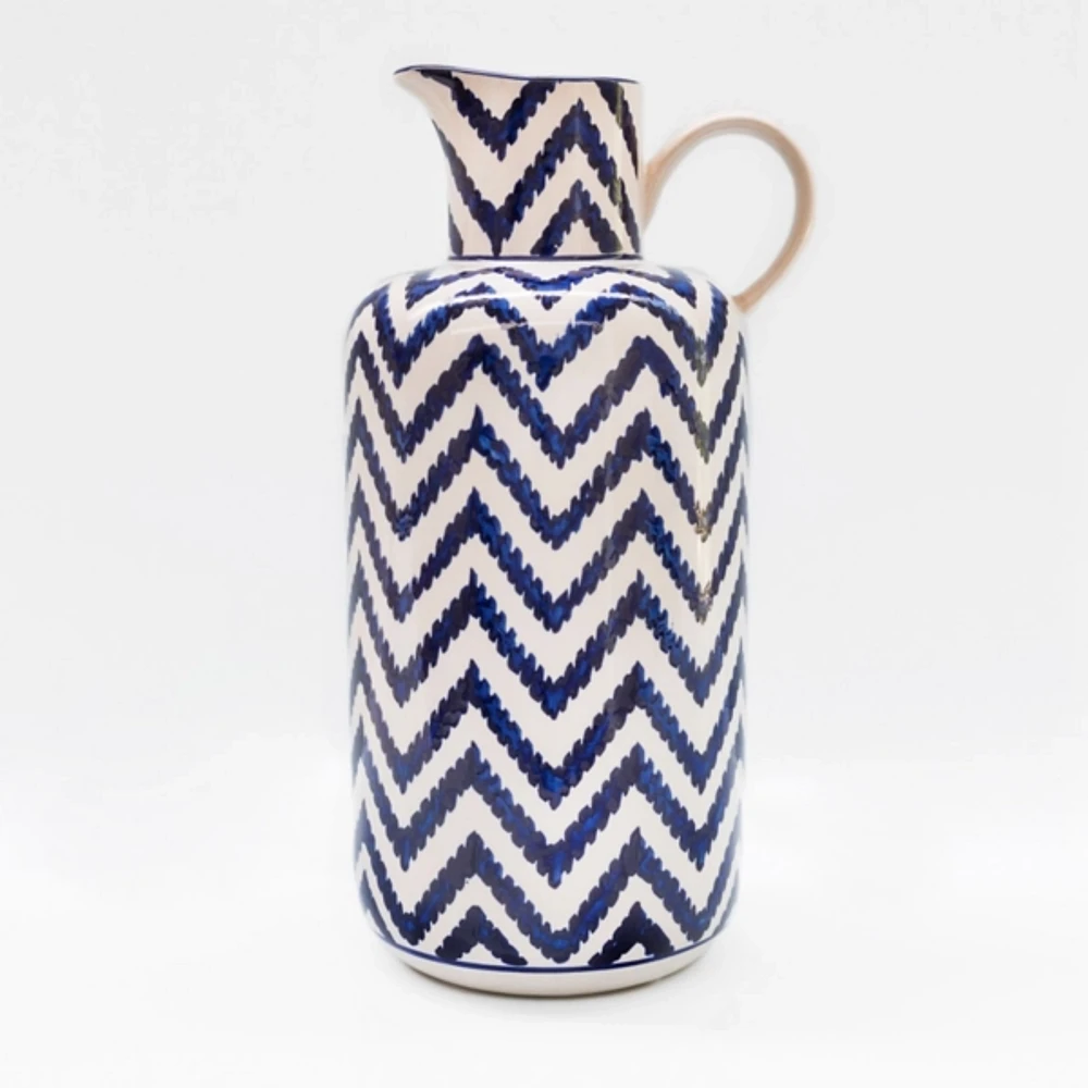 Blue & White Chevron Ceramic Pitcher Vase